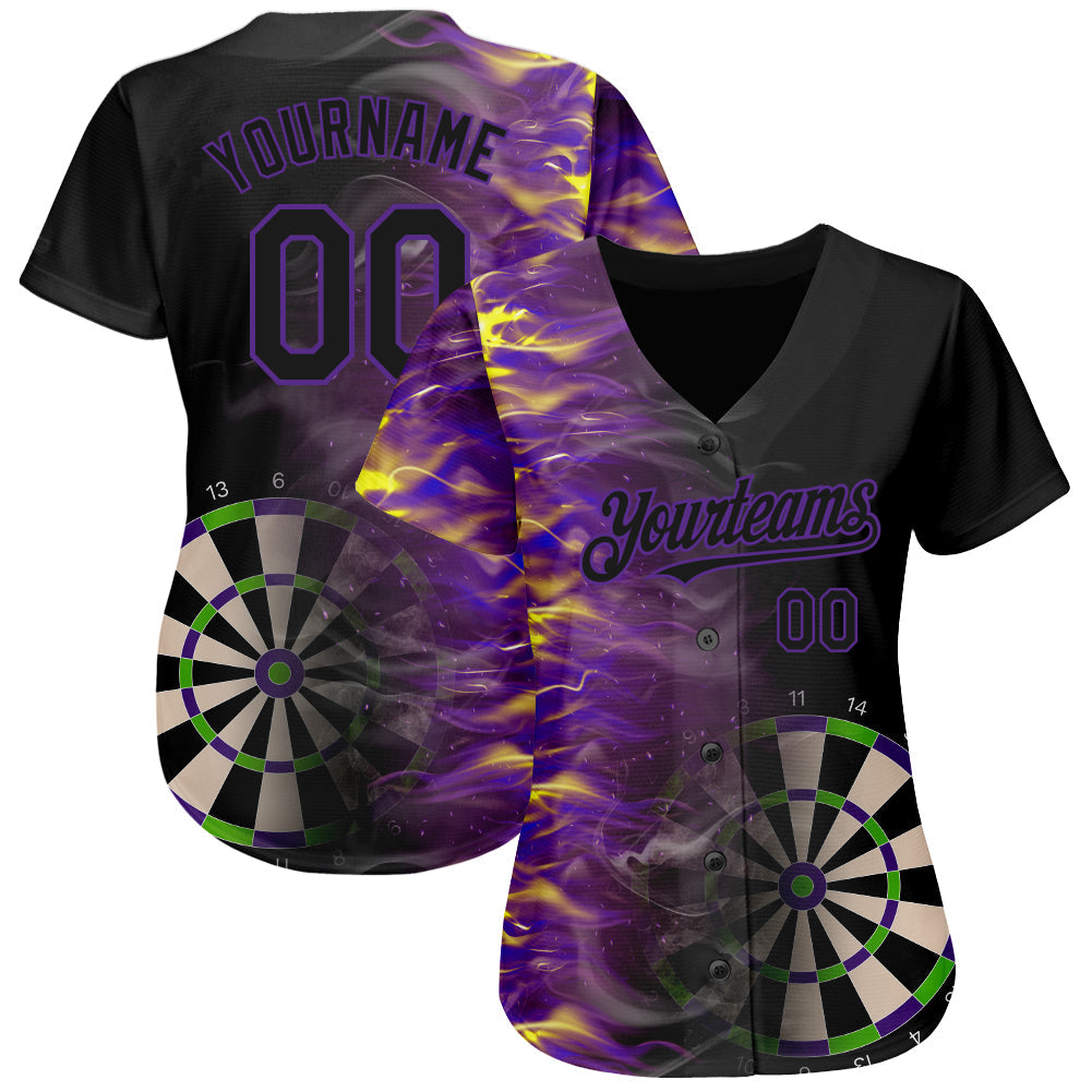 Custom Black Purple 3D Pattern Design Fiery Dart Board Authentic Baseball Jersey view 2