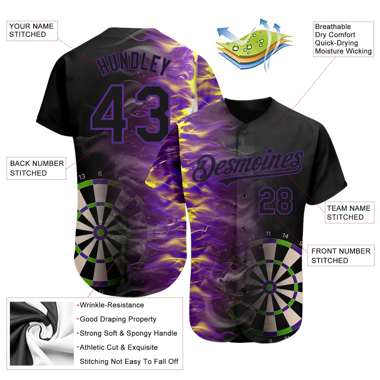 Custom Black Purple 3D Pattern Design Fiery Dart Board Authentic Baseball Jersey view 3