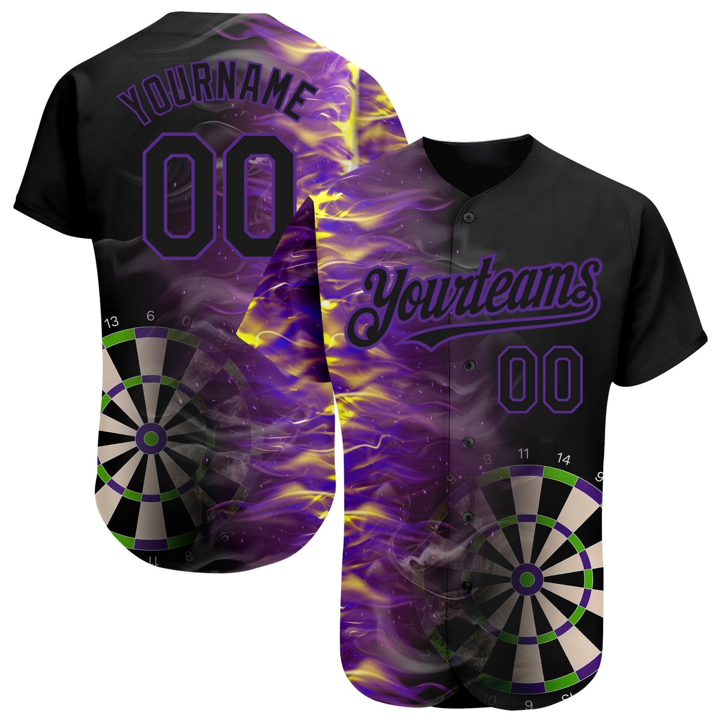Custom Black Purple 3D Pattern Design Fiery Dart Board Authentic Baseball Jersey - Main View