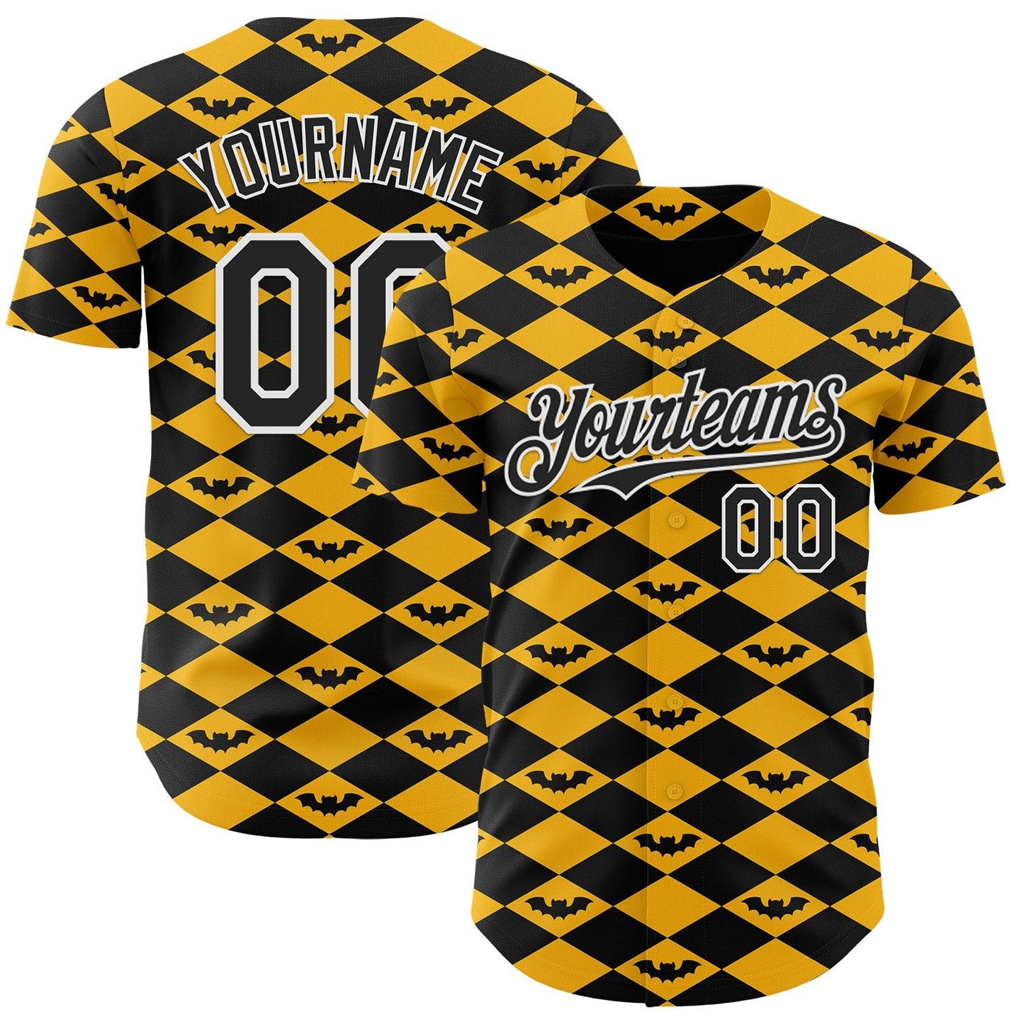 Custom Gold Black-White Geometric Diamond Grid Rhombus Bat Authentic Baseball Jersey - Main View