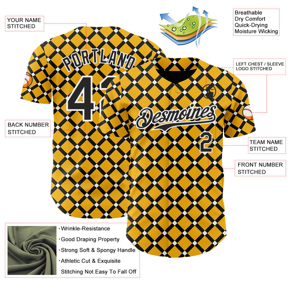 Custom Gold Black-White Geometric Diamond Grid Rhombus Authentic Baseball Jersey view 3