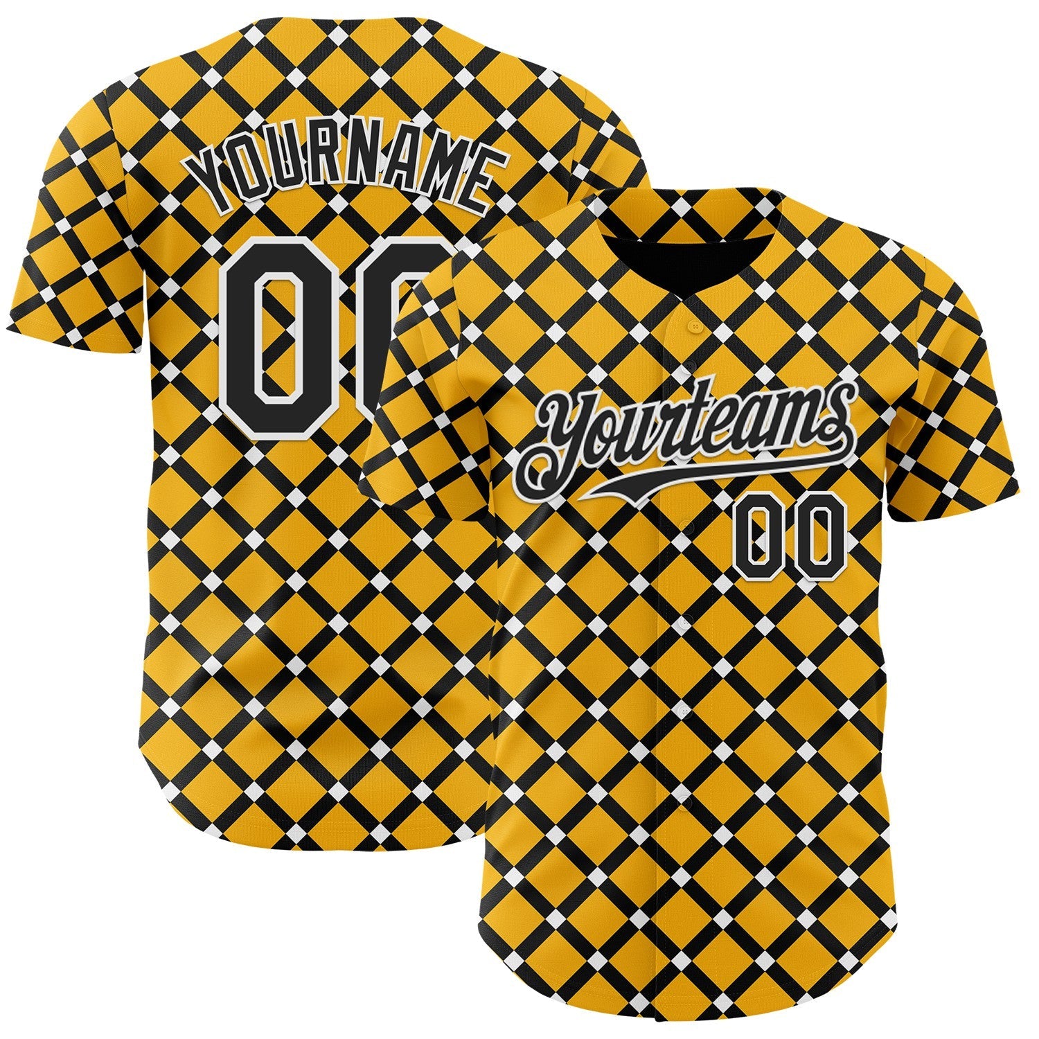 Custom Gold Black-White Geometric Diamond Grid Rhombus Authentic Baseball Jersey - Main View