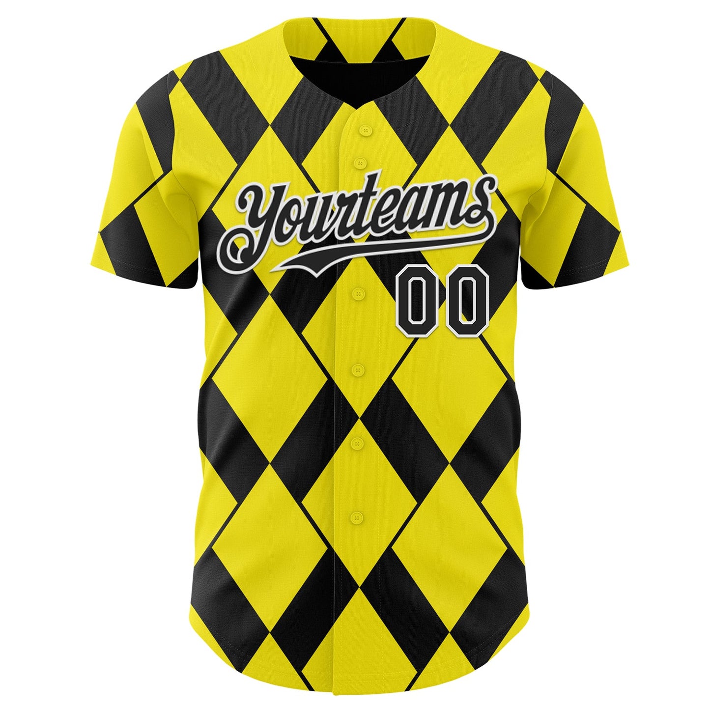 Custom Light Yellow Black-White Geometric Diamond Grid Rhombus Authentic Baseball Jersey view 2