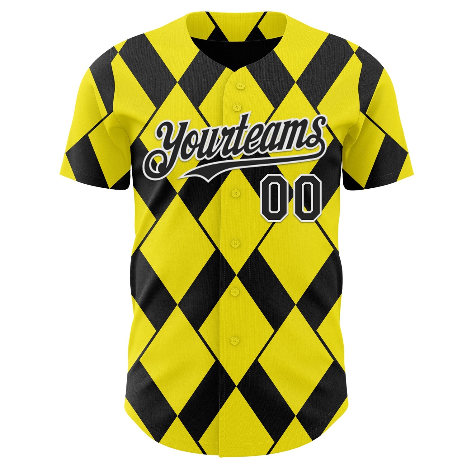 Custom Light Yellow Black-White Geometric Diamond Grid Rhombus Authentic Baseball Jersey view 2