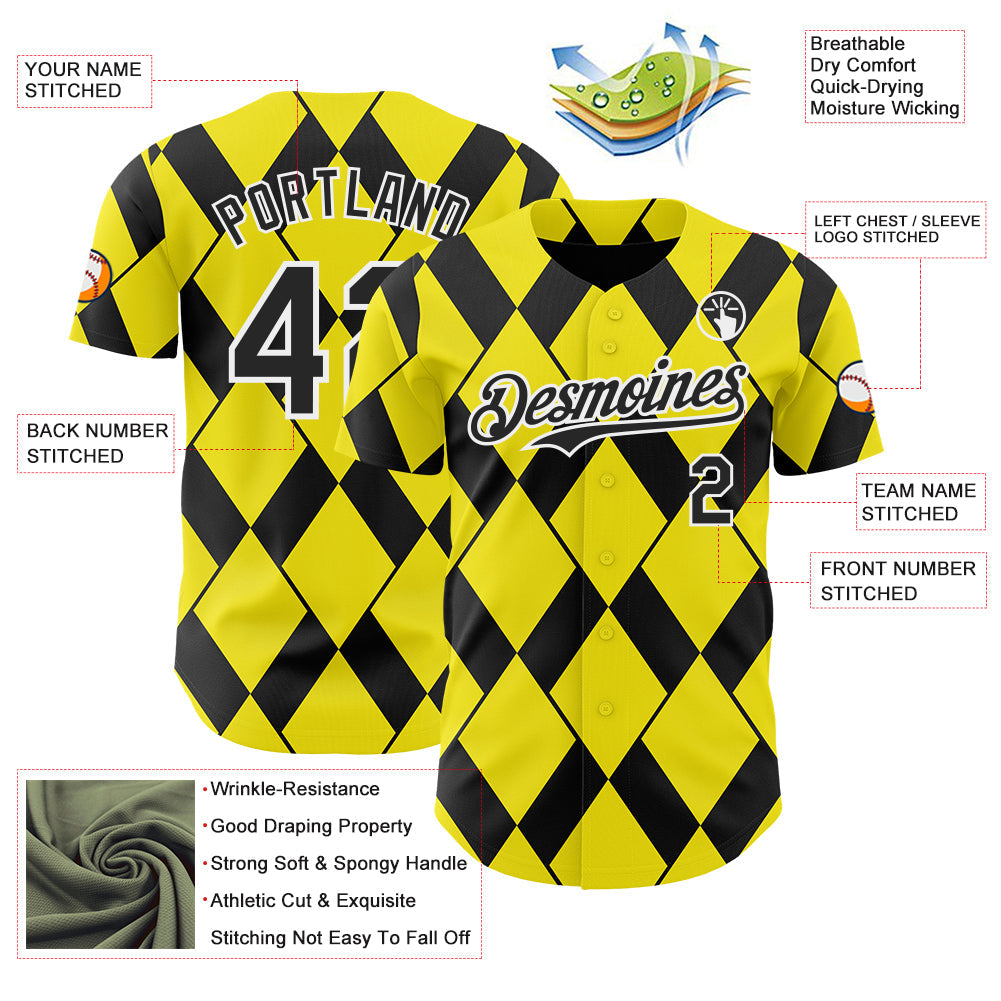 Custom Light Yellow Black-White Geometric Diamond Grid Rhombus Authentic Baseball Jersey view 3