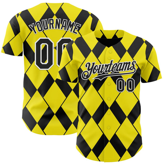 Custom Light Yellow Black-White Geometric Diamond Grid Rhombus Authentic Baseball Jersey - Main View