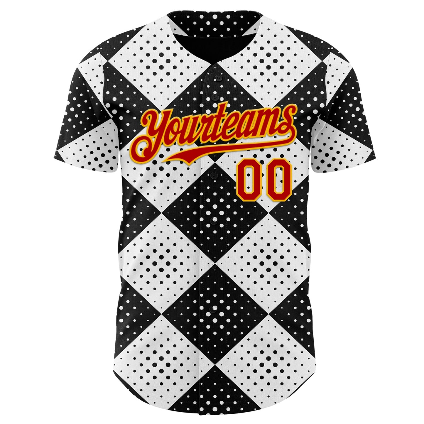 Custom Black Red White-Gold Geometric Diamond Grid Rhombus Polka Dots Authentic Baseball Jersey view 2