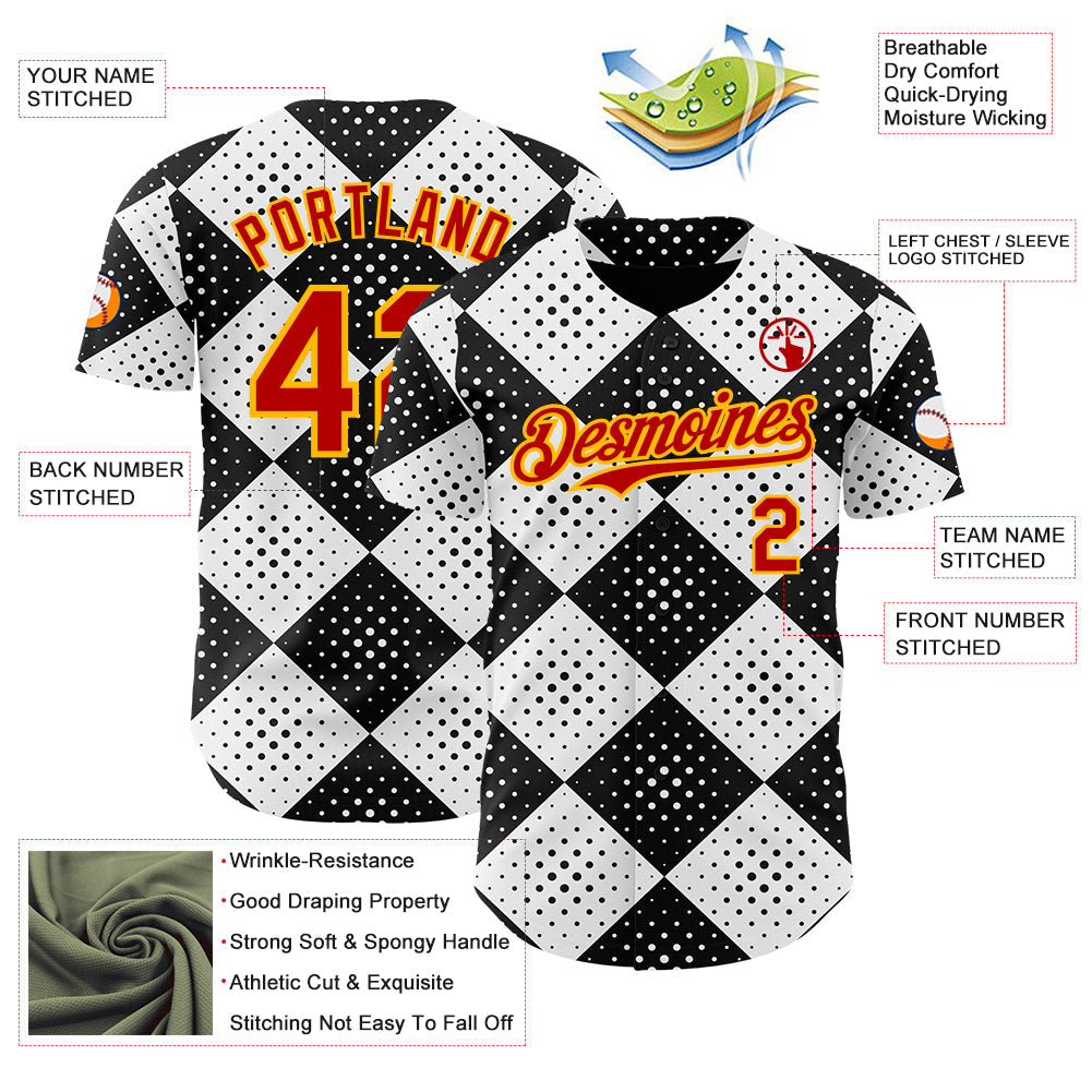Custom Black Red White-Gold Geometric Diamond Grid Rhombus Polka Dots Authentic Baseball Jersey view 3