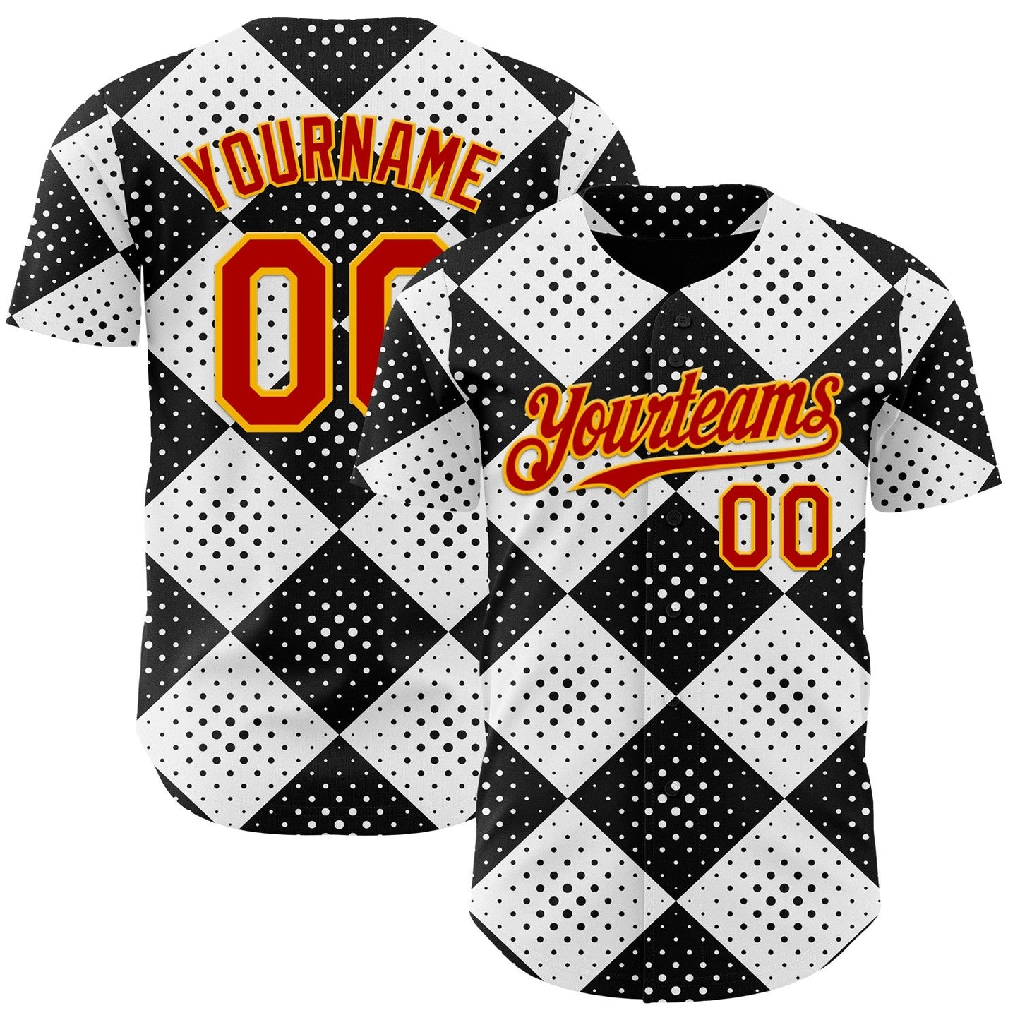 Custom Black Red White-Gold Geometric Diamond Grid Rhombus Polka Dots Authentic Baseball Jersey - Main View