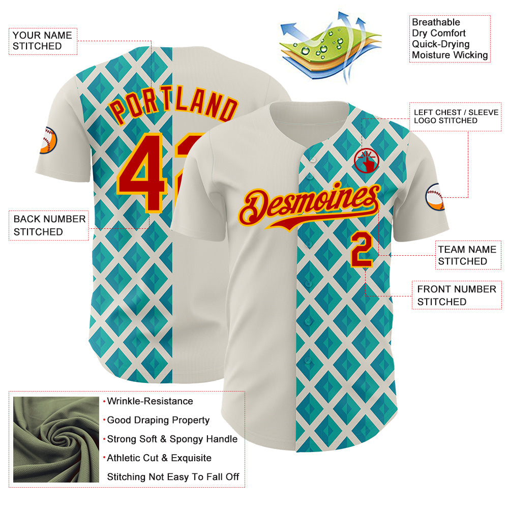 Custom Cream Red Blue-Gold Geometric Diamond Grid Rhombus Authentic Baseball Jersey view 3