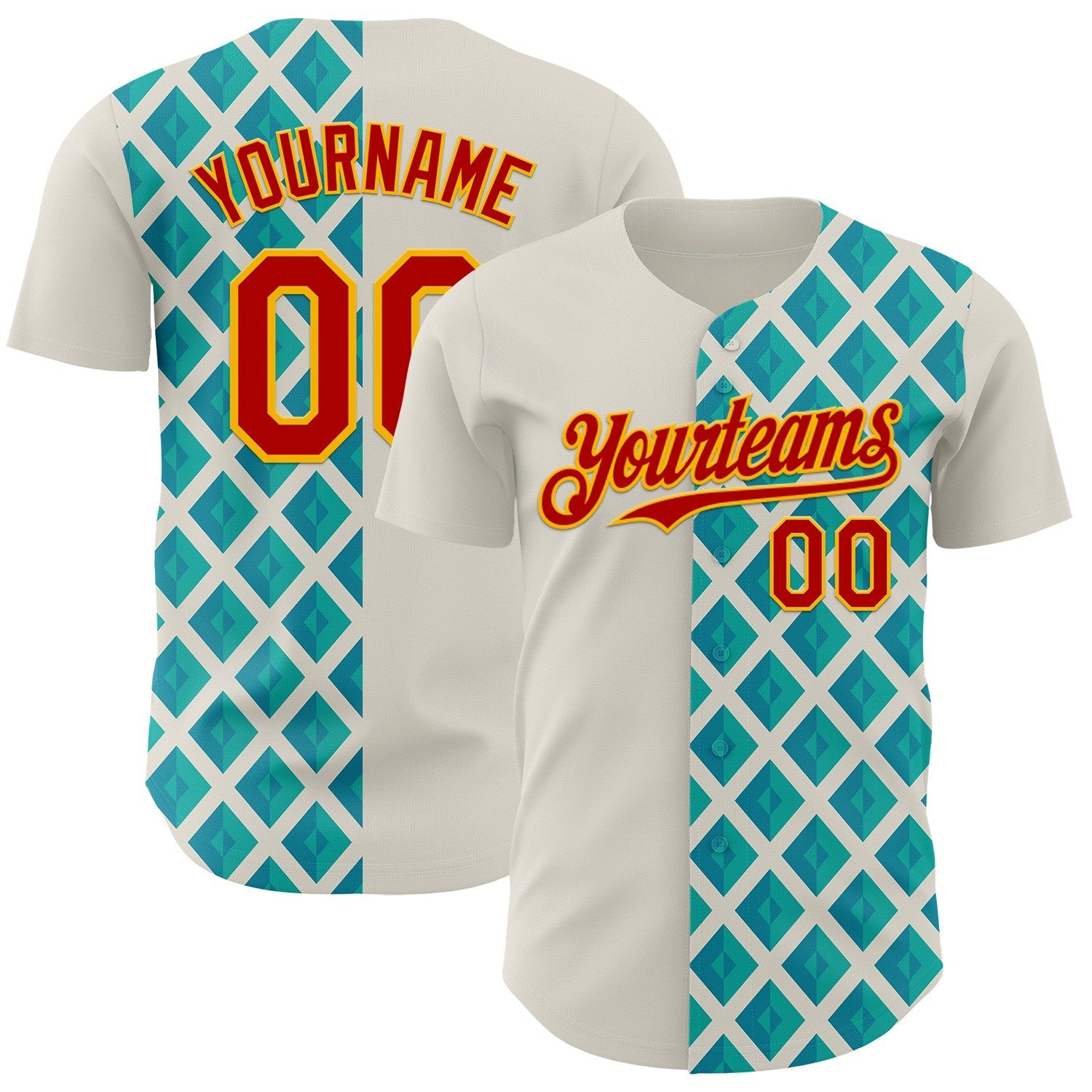 Custom Cream Red Blue-Gold Geometric Diamond Grid Rhombus Authentic Baseball Jersey - Main View
