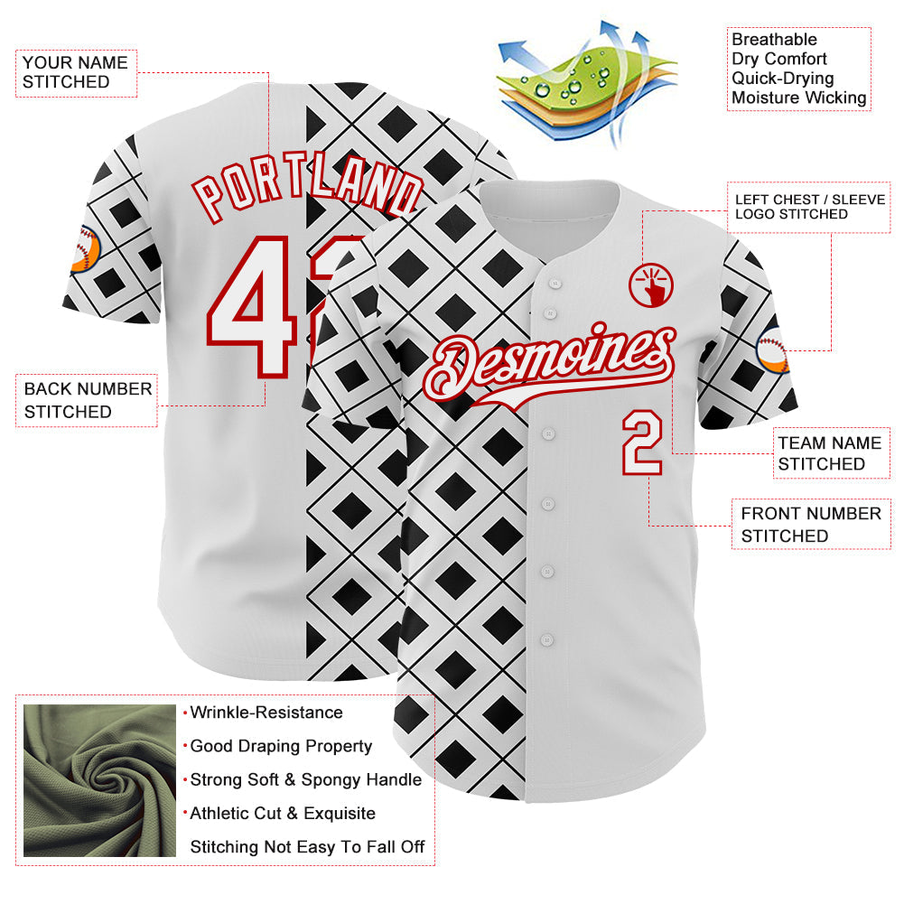 Custom White Black-Red Geometric Diamond Grid Rhombus Authentic Baseball Jersey view 3