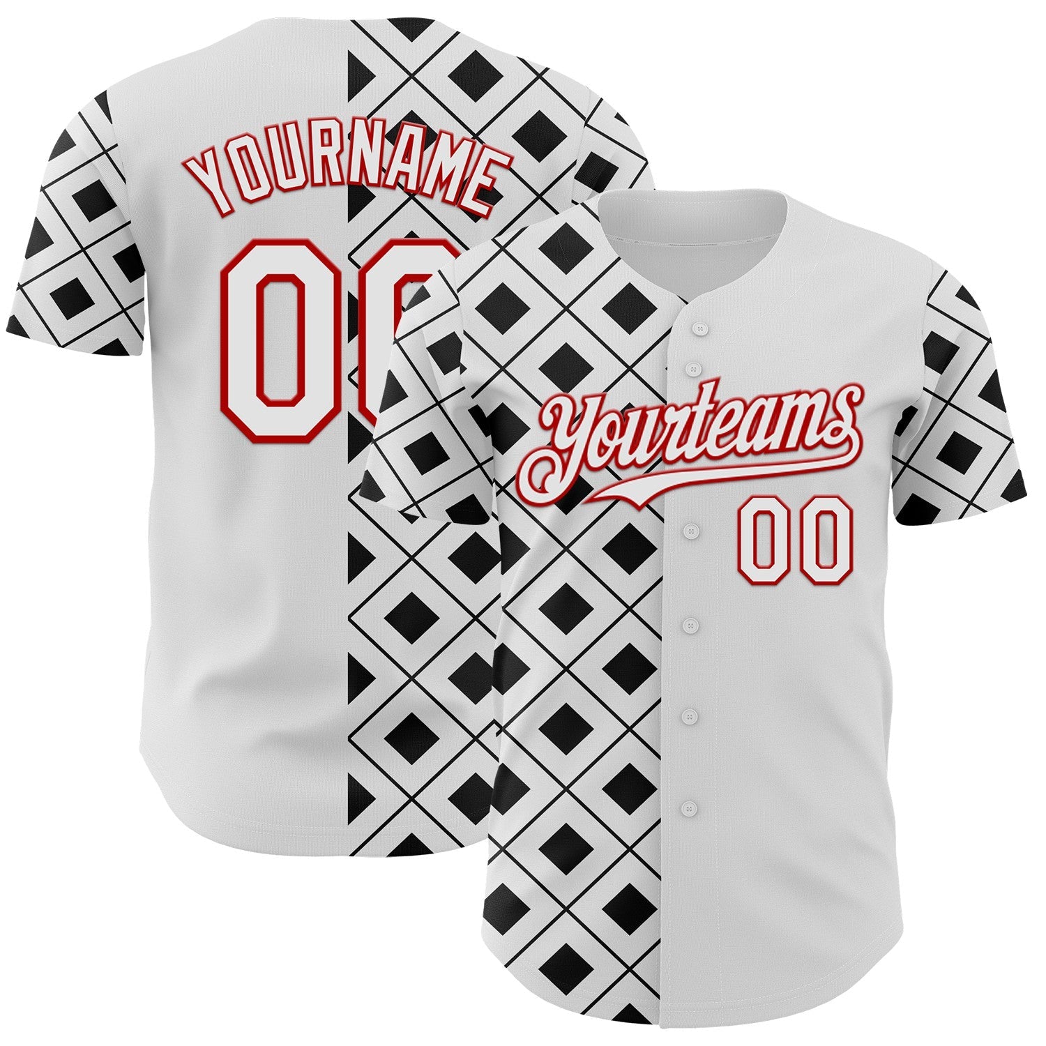 Custom White Black-Red Geometric Diamond Grid Rhombus Authentic Baseball Jersey - Main View