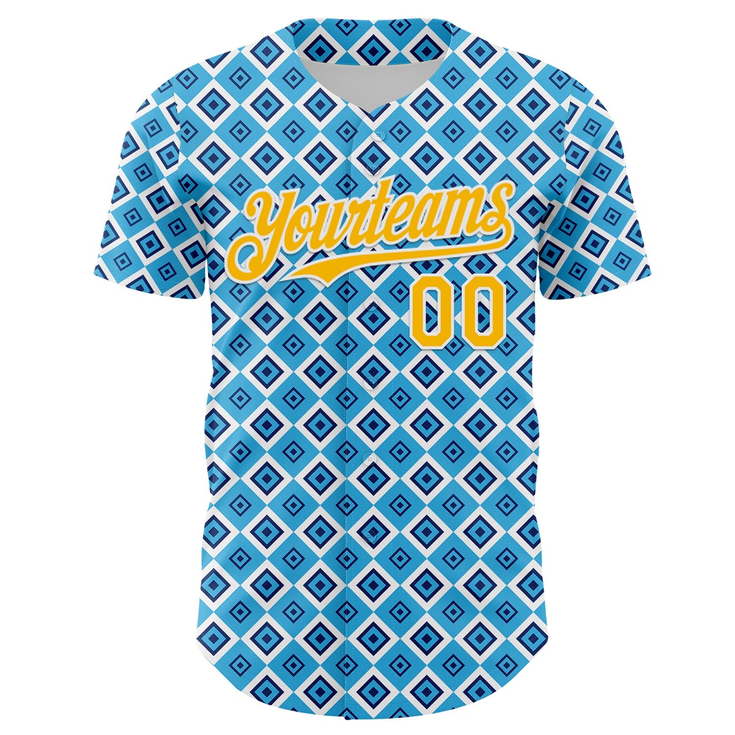 Custom Blue Gold-White Geometric Diamond Grid Rhombus Authentic Baseball Jersey view 2