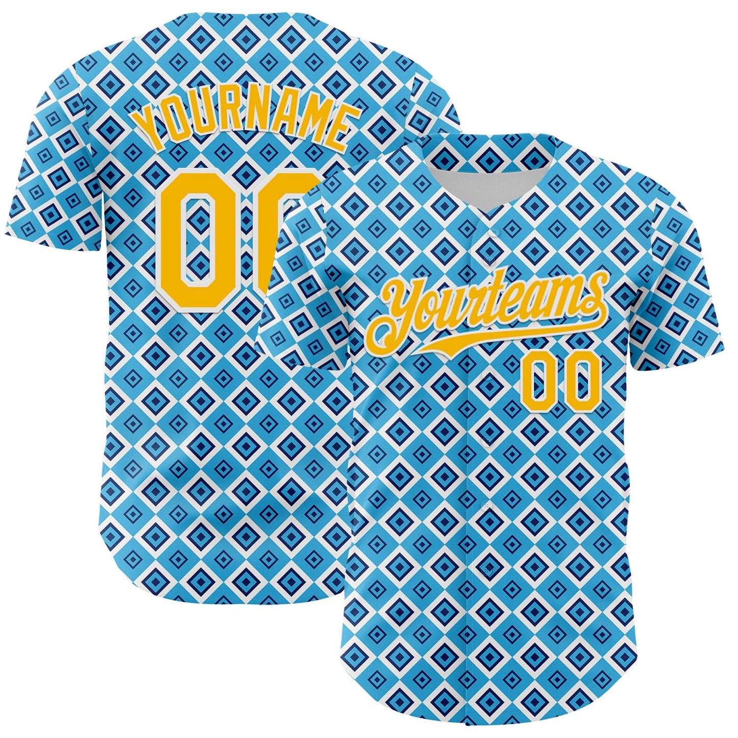 Custom Blue Gold-White Geometric Diamond Grid Rhombus Authentic Baseball Jersey - Main View