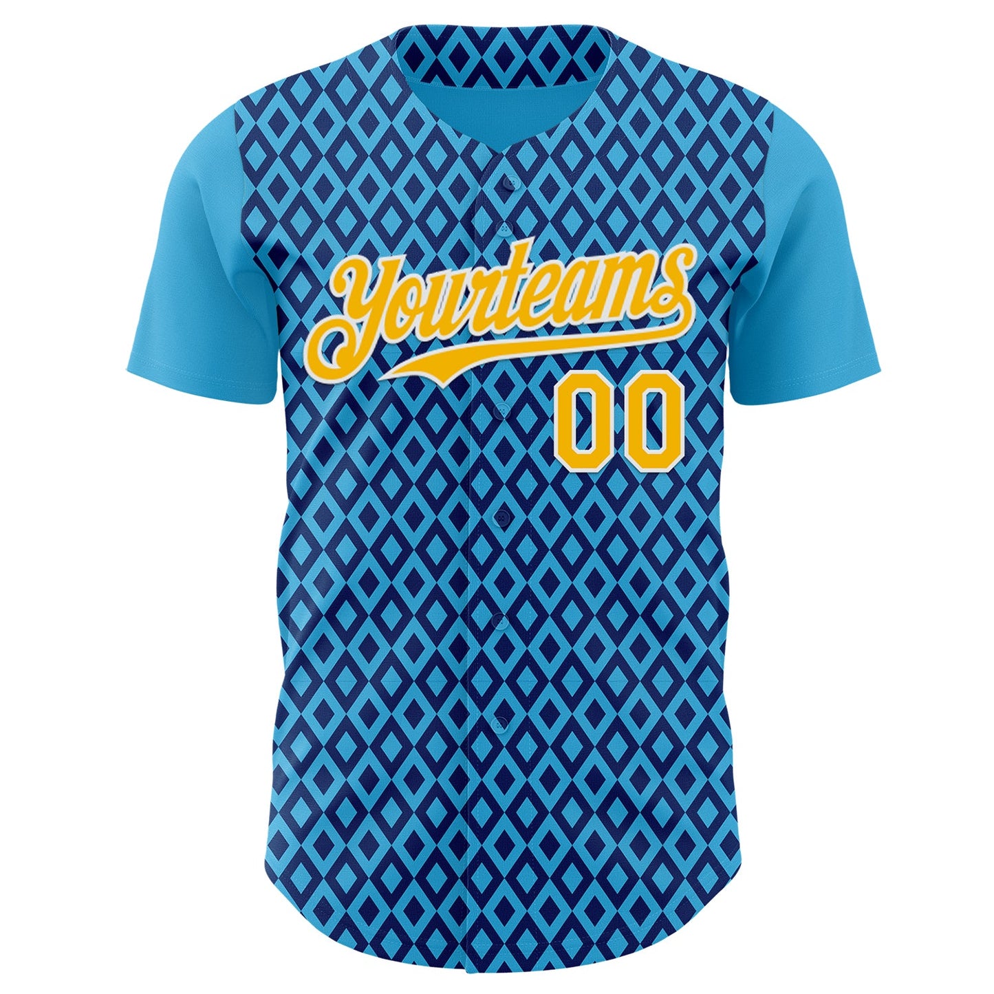 Custom Blue Gold-White Geometric Diamond Grid Rhombus Authentic Baseball Jersey view 2