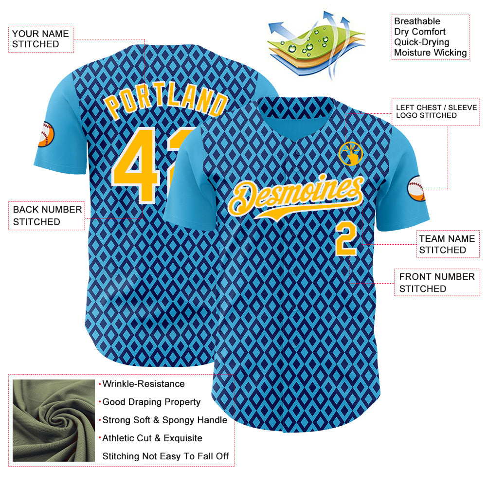 Custom Blue Gold-White Geometric Diamond Grid Rhombus Authentic Baseball Jersey view 3