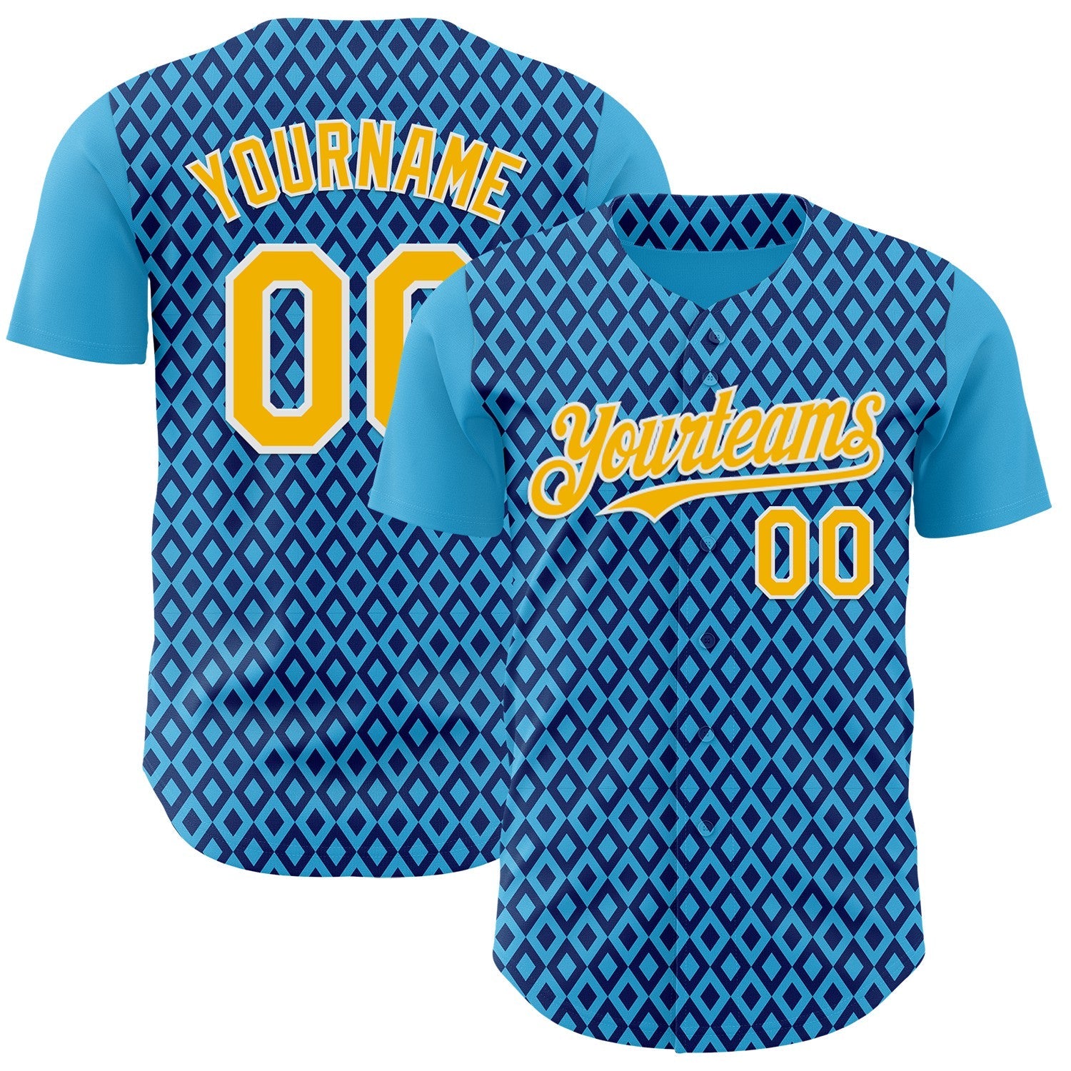 Custom Blue Gold-White Geometric Diamond Grid Rhombus Authentic Baseball Jersey - Main View