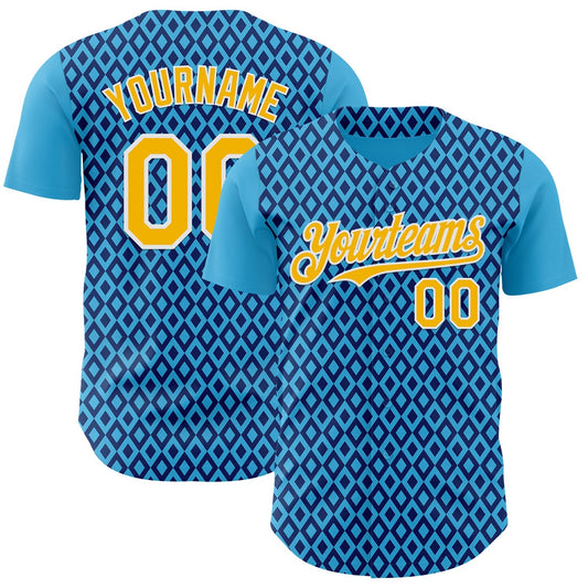 Custom Blue Gold-White Geometric Diamond Grid Rhombus Authentic Baseball Jersey - Main View
