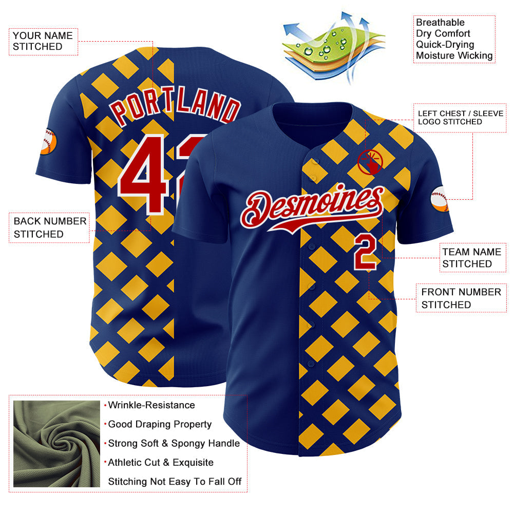 Custom US Navy Blue Red Gold-White Geometric Diamond Grid Rhombus Authentic Baseball Jersey view 3