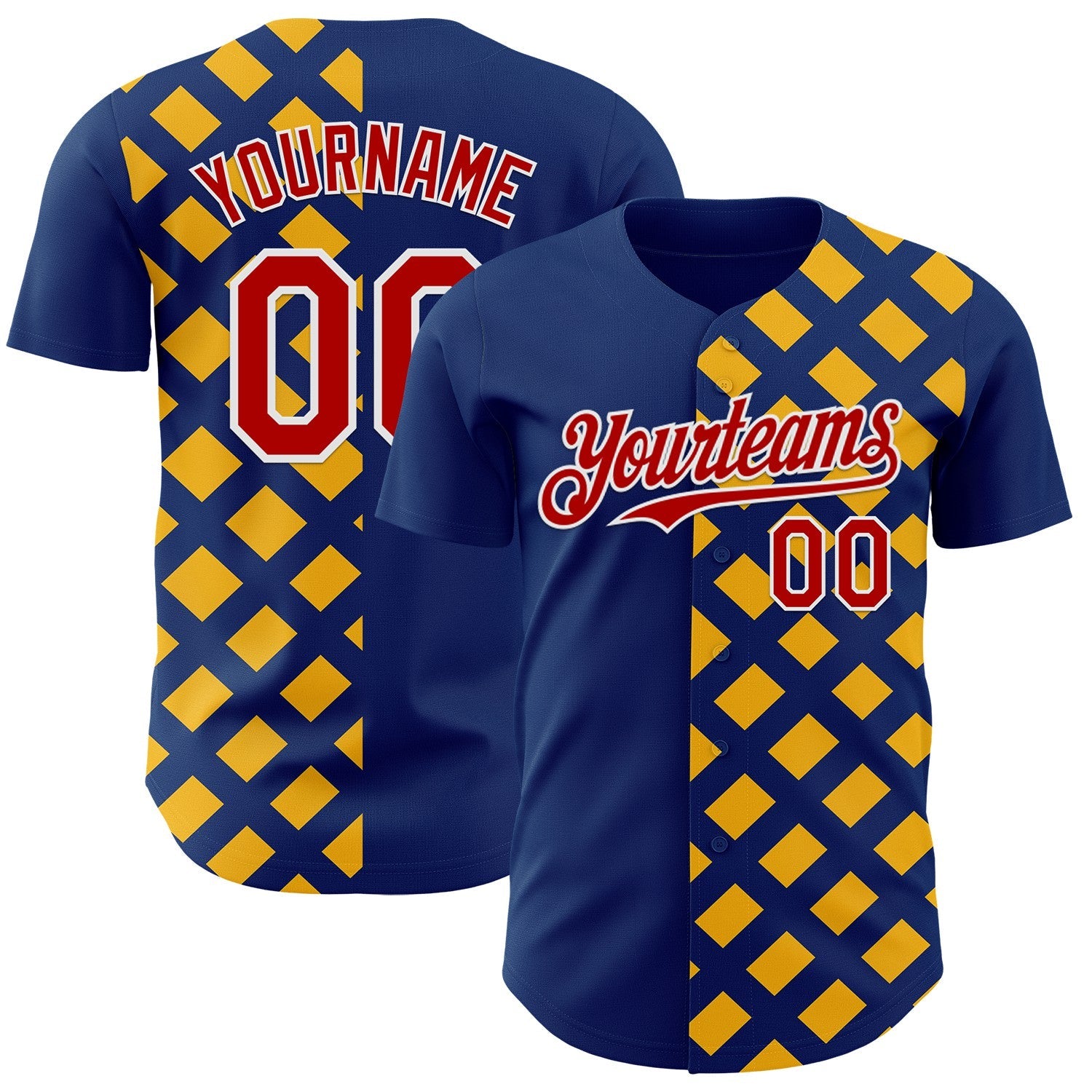 Custom US Navy Blue Red Gold-White Geometric Diamond Grid Rhombus Authentic Baseball Jersey - Main View