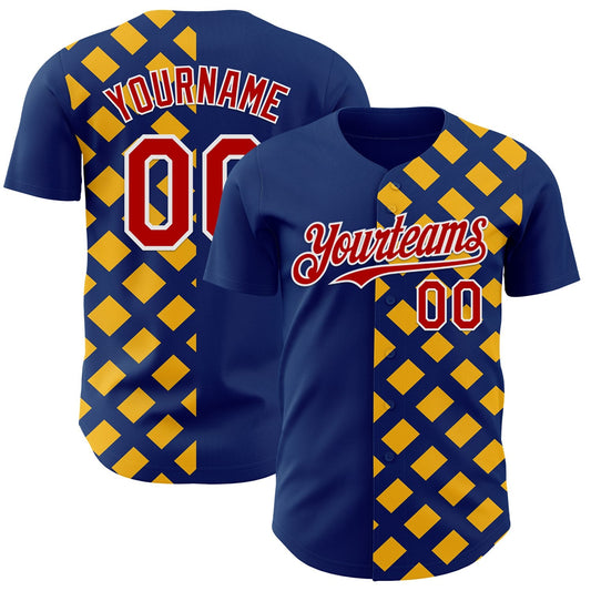 Custom US Navy Blue Red Gold-White Geometric Diamond Grid Rhombus Authentic Baseball Jersey - Main View