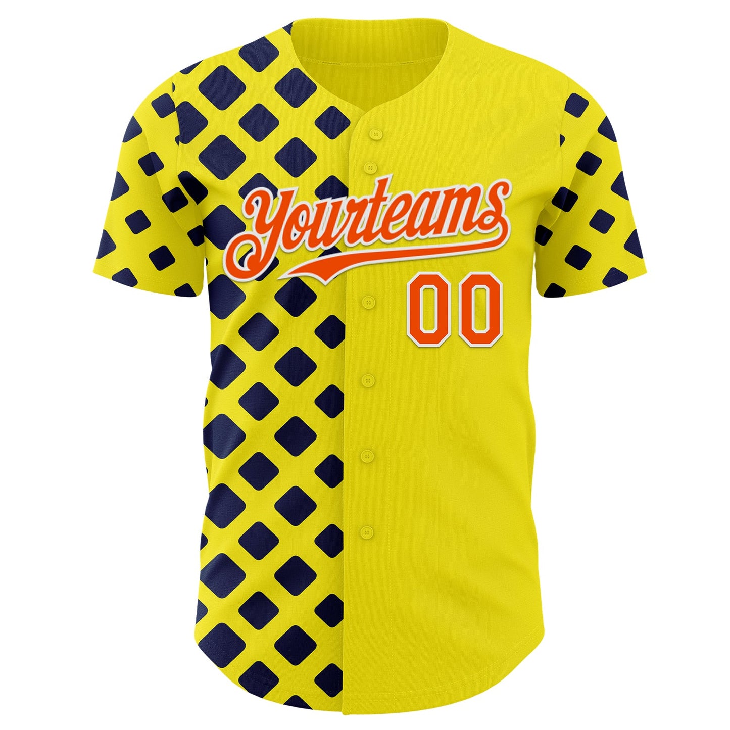 Custom Light Yellow Orange Navy-White Geometric Diamond Grid Rhombus Authentic Baseball Jersey view 2