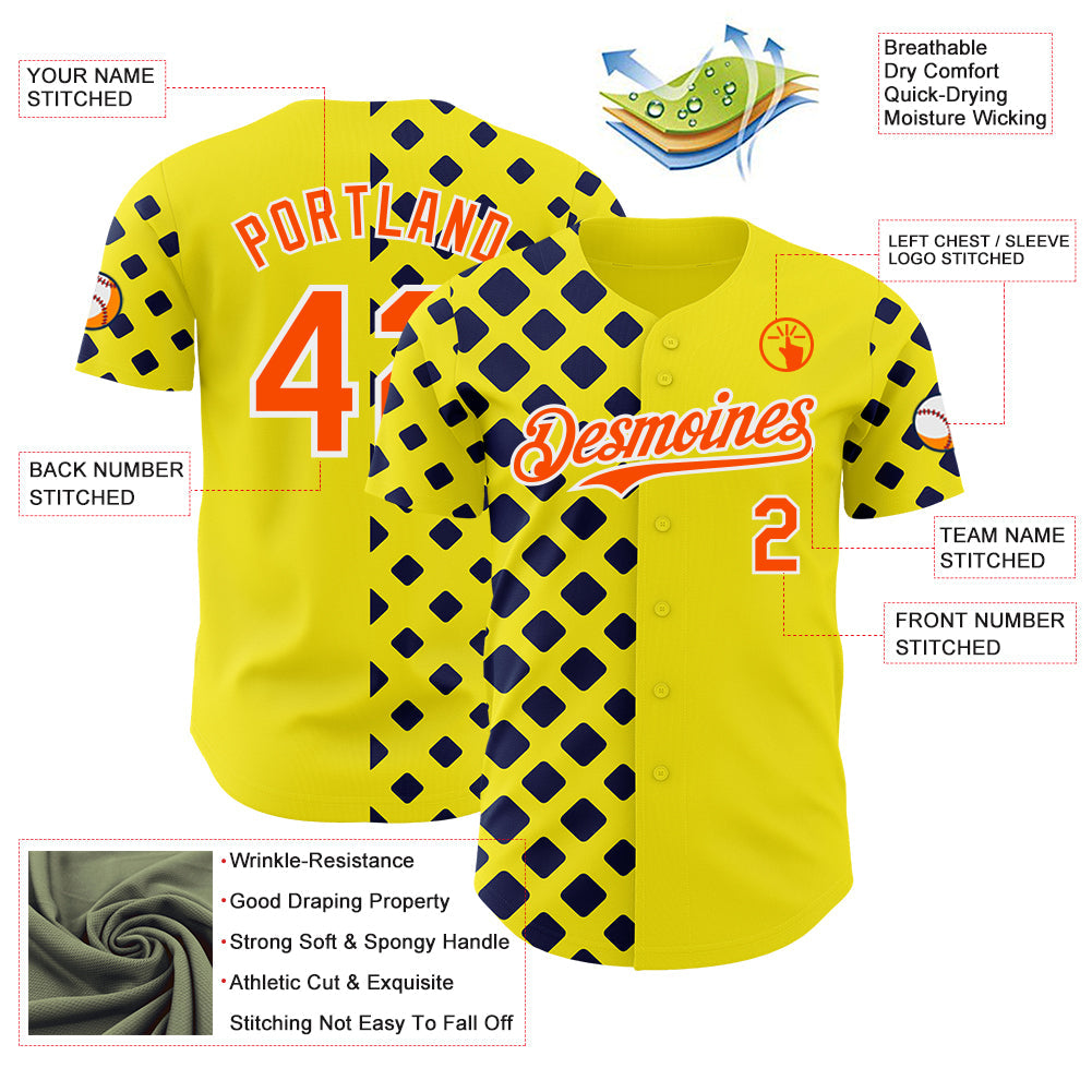 Custom Light Yellow Orange Navy-White Geometric Diamond Grid Rhombus Authentic Baseball Jersey view 3
