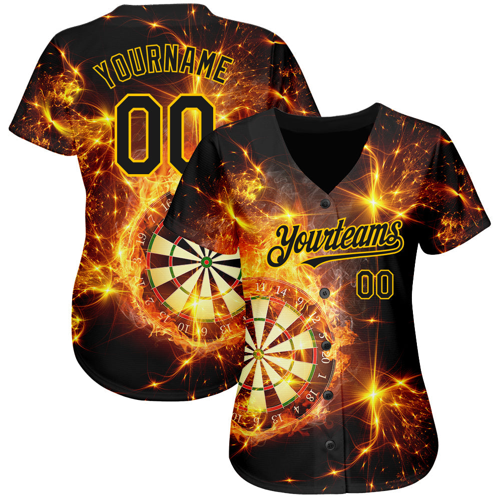 Custom Black Gold 3D Pattern Design Flame Dart Board Authentic Baseball Jersey view 2