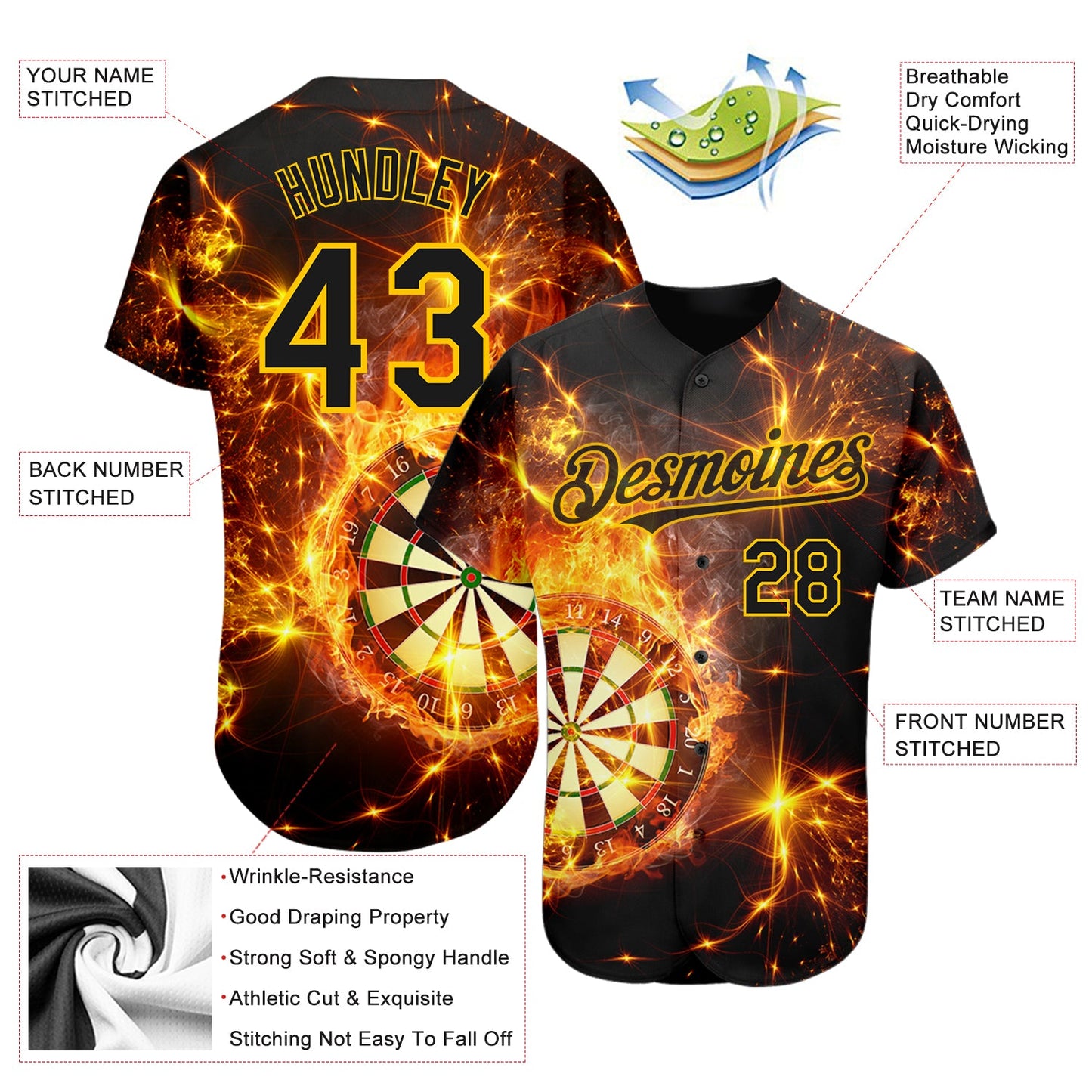 Custom Black Gold 3D Pattern Design Flame Dart Board Authentic Baseball Jersey view 3