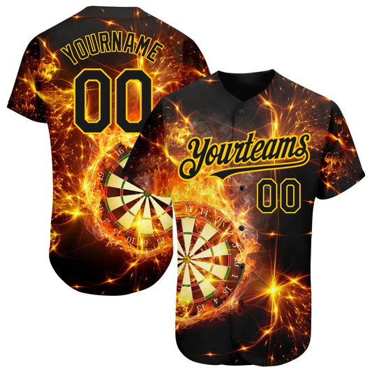 Custom Black Gold 3D Pattern Design Flame Dart Board Authentic Baseball Jersey - Main View