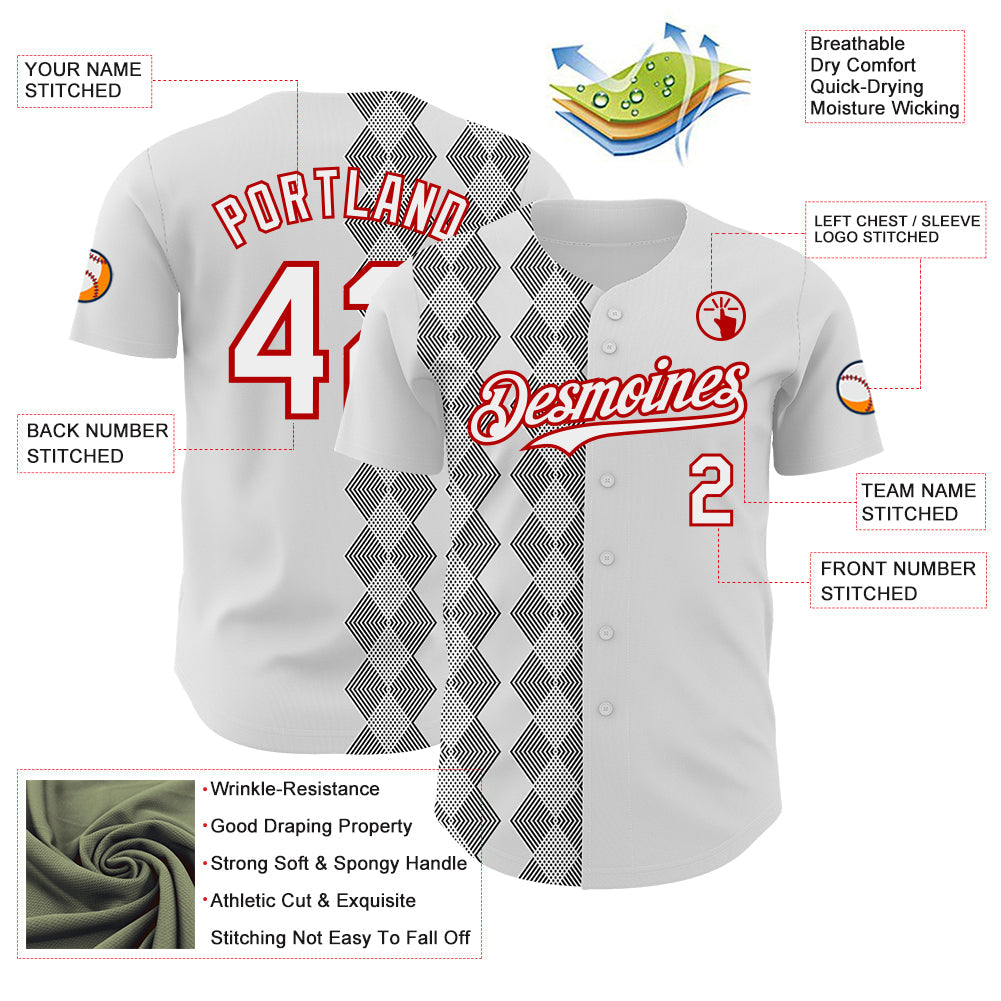 Custom White Black-Red Geometric Diamond Grid Rhombus Authentic Baseball Jersey view 3