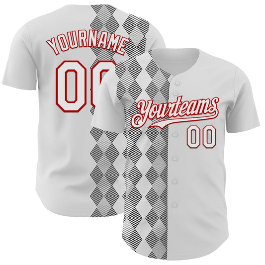 Custom White Black-Red Geometric Diamond Grid Rhombus Authentic Baseball Jersey - Main View