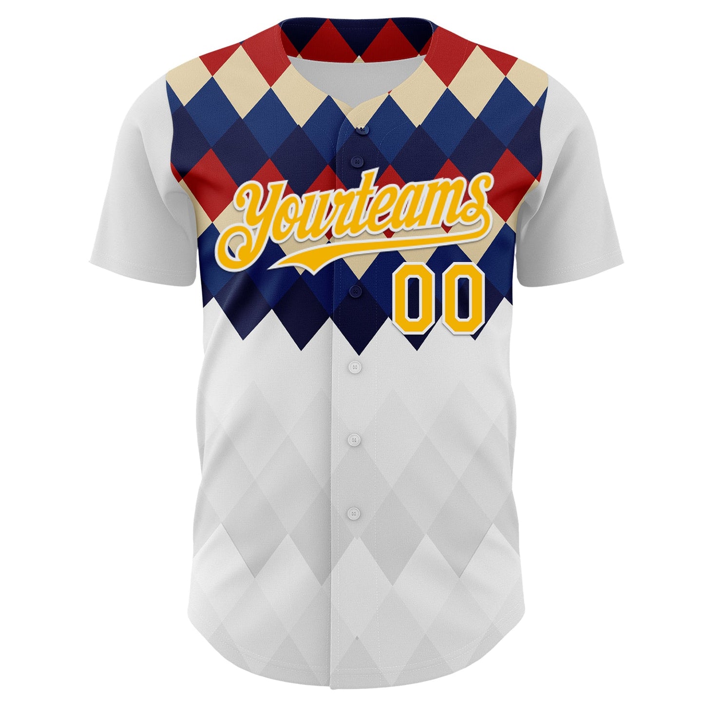 Custom White Gold Red Blue-Cream Geometric Diamond Grid Rhombus Authentic Baseball Jersey view 2