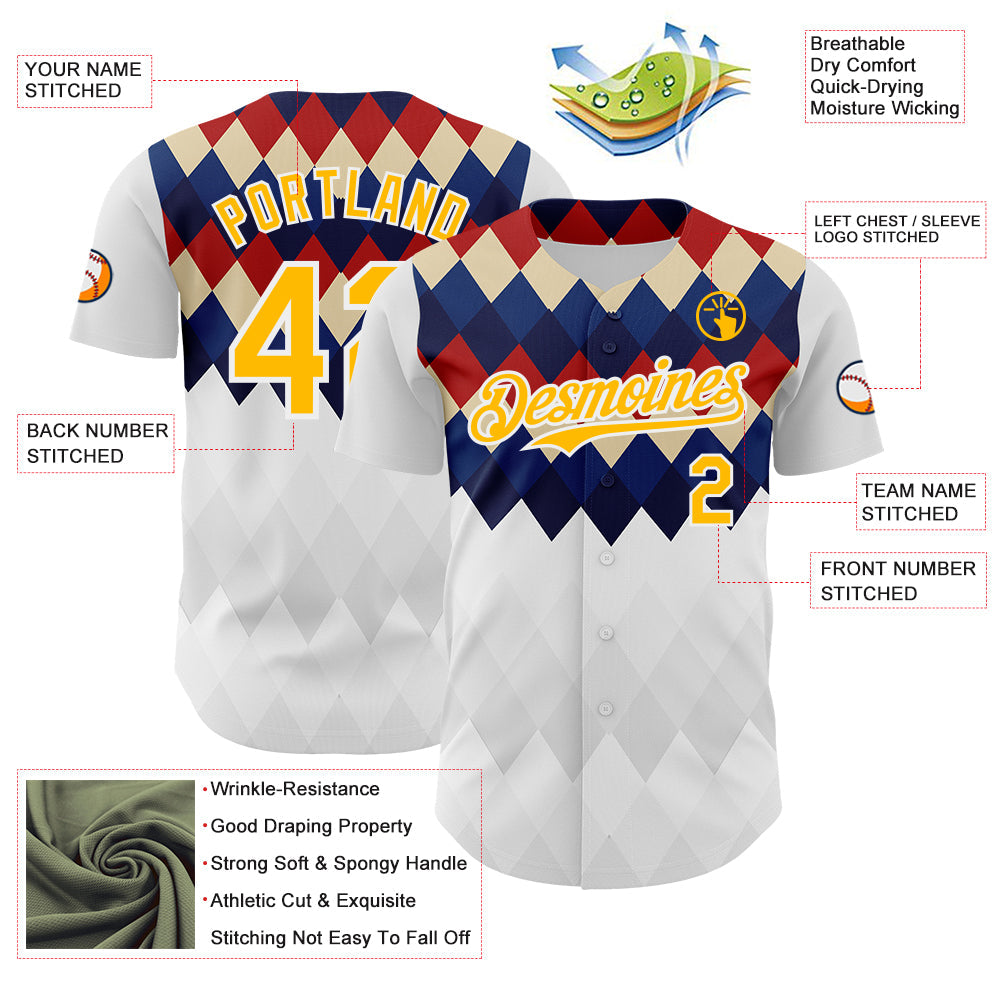 Custom White Gold Red Blue-Cream Geometric Diamond Grid Rhombus Authentic Baseball Jersey view 3