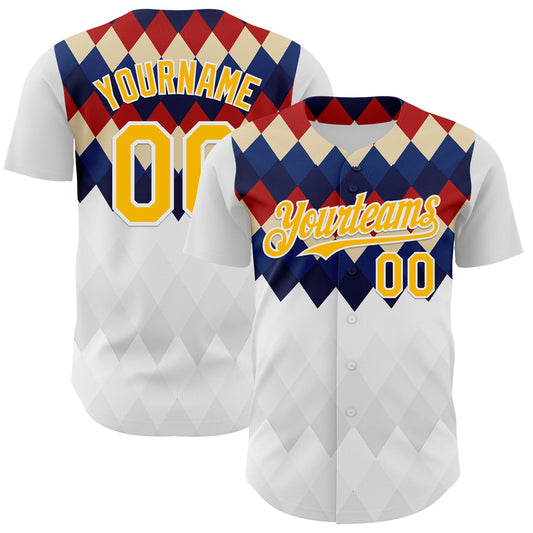 Custom White Gold Red Blue-Cream Geometric Diamond Grid Rhombus Authentic Baseball Jersey - Main View