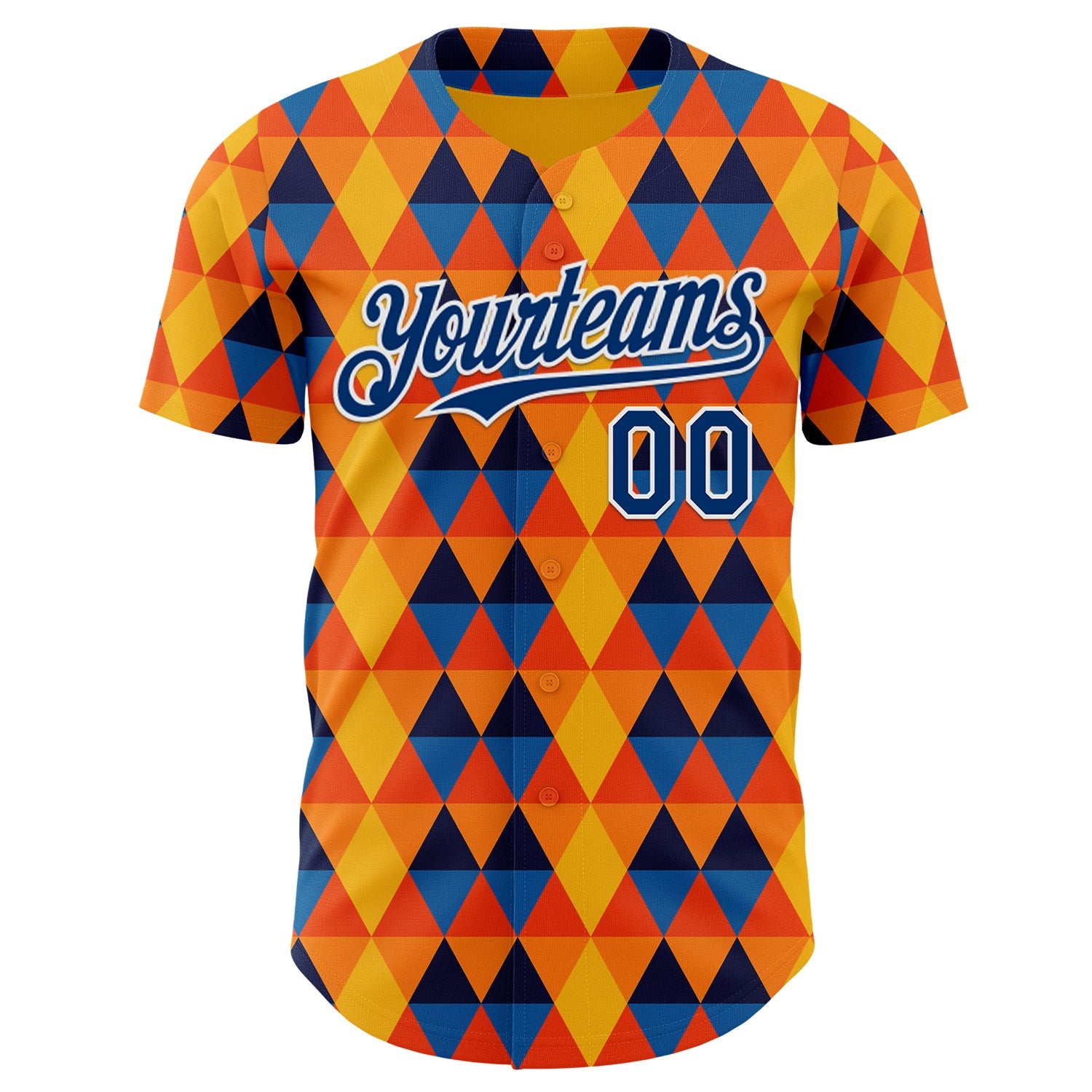 Custom Gold US Navy Blue Orange-White Geometric Diamond Grid Rhombus Authentic Baseball Jersey view 2
