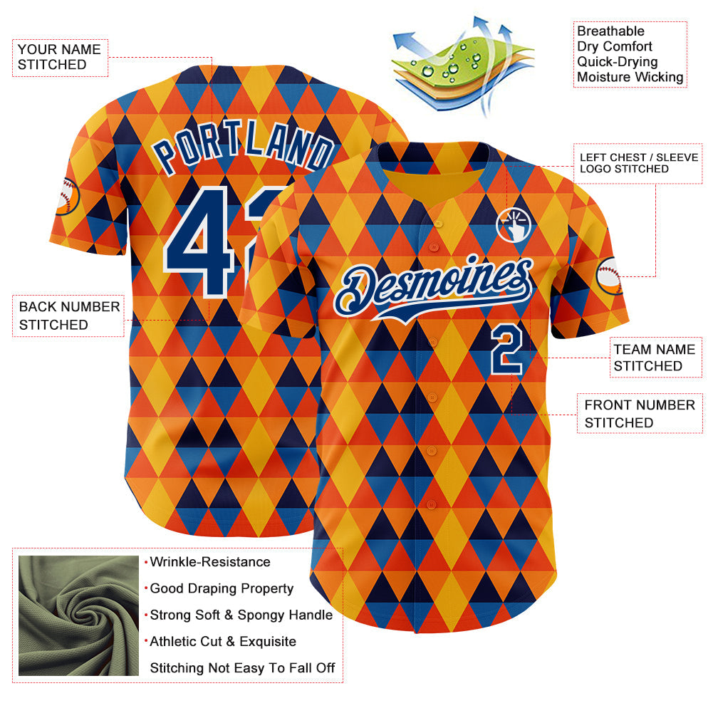 Custom Gold US Navy Blue Orange-White Geometric Diamond Grid Rhombus Authentic Baseball Jersey view 3