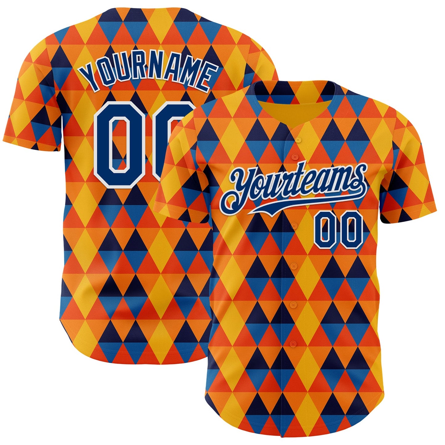 Custom Gold US Navy Blue Orange-White Geometric Diamond Grid Rhombus Authentic Baseball Jersey - Main View