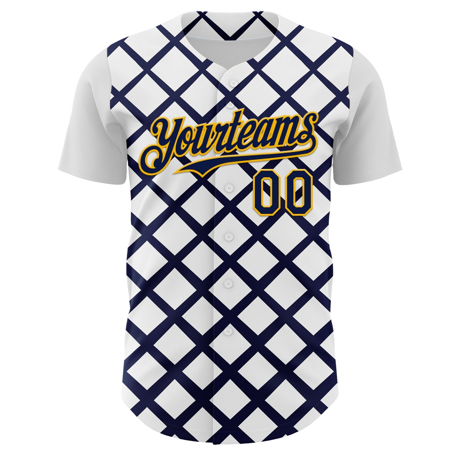 Custom White Navy-Gold Geometric Diamond Grid Rhombus Authentic Baseball Jersey view 2