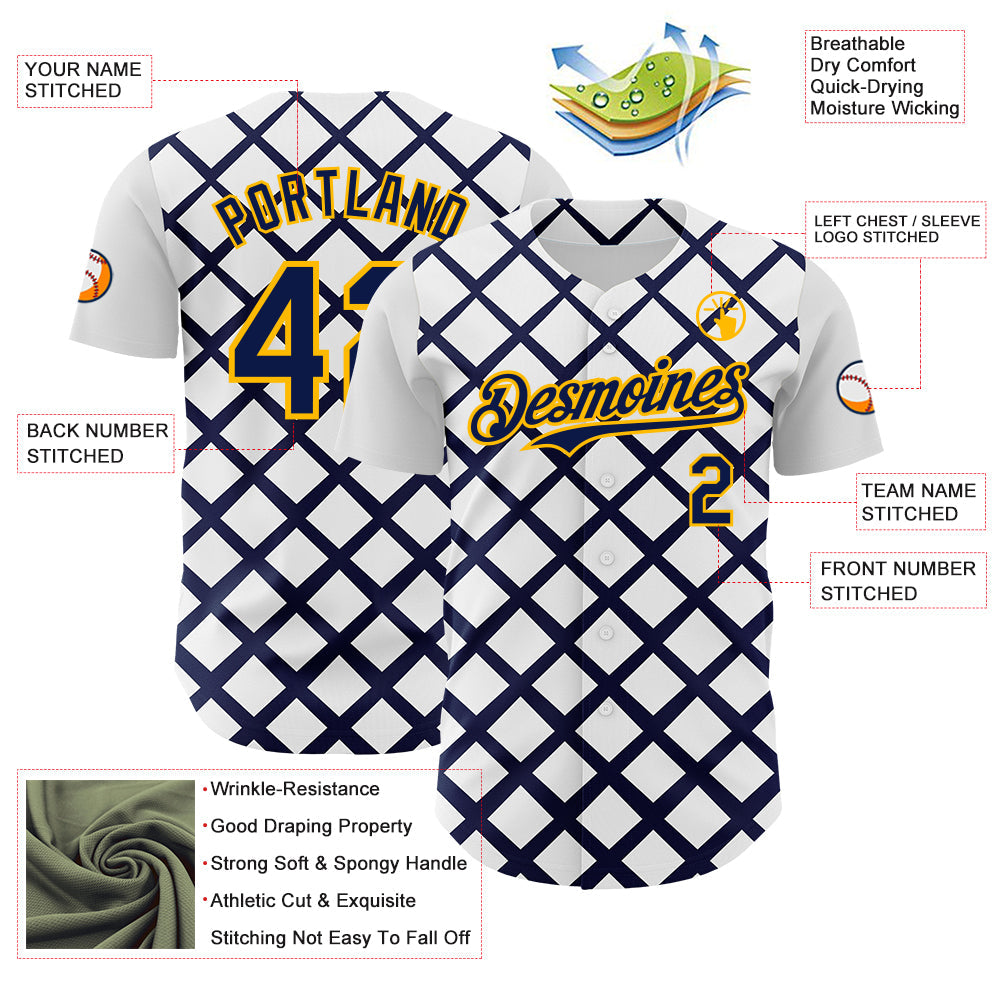 Custom White Navy-Gold Geometric Diamond Grid Rhombus Authentic Baseball Jersey view 3