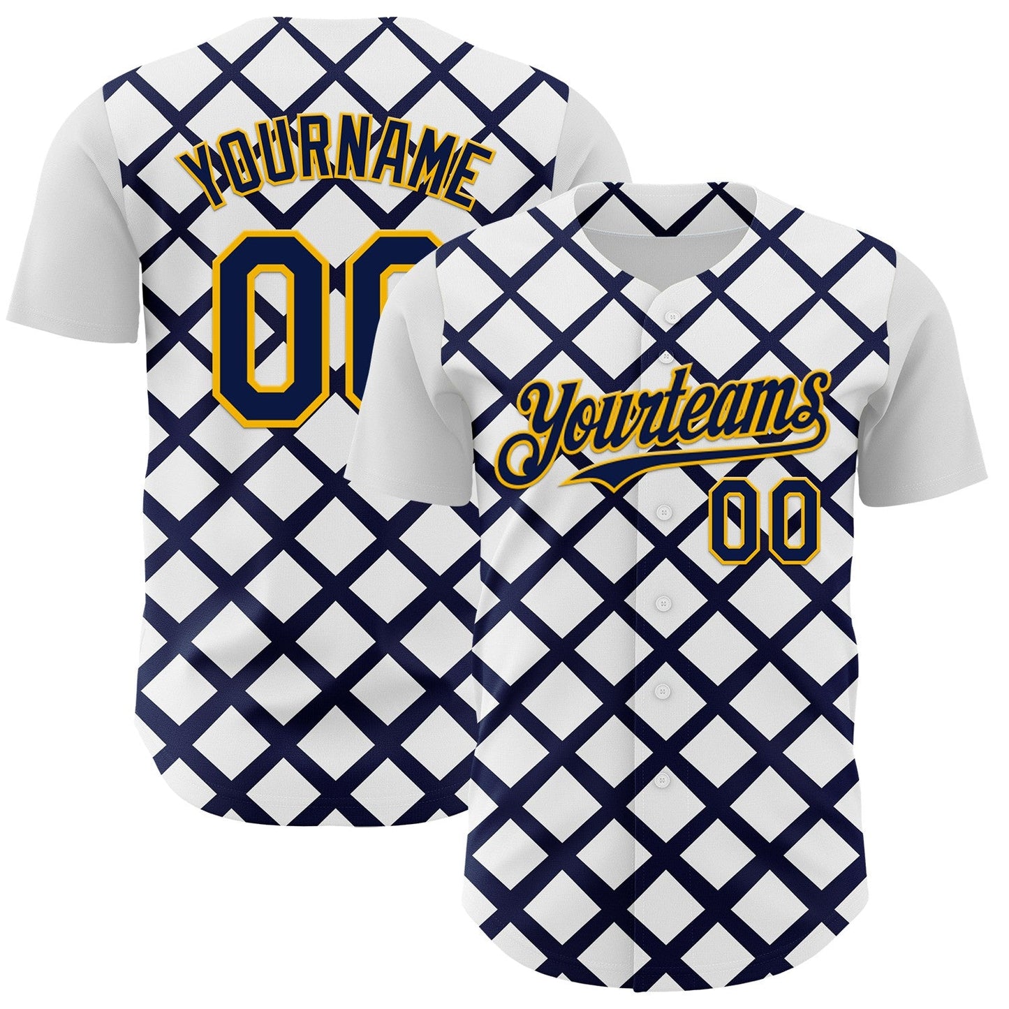 Custom White Navy-Gold Geometric Diamond Grid Rhombus Authentic Baseball Jersey - Main View
