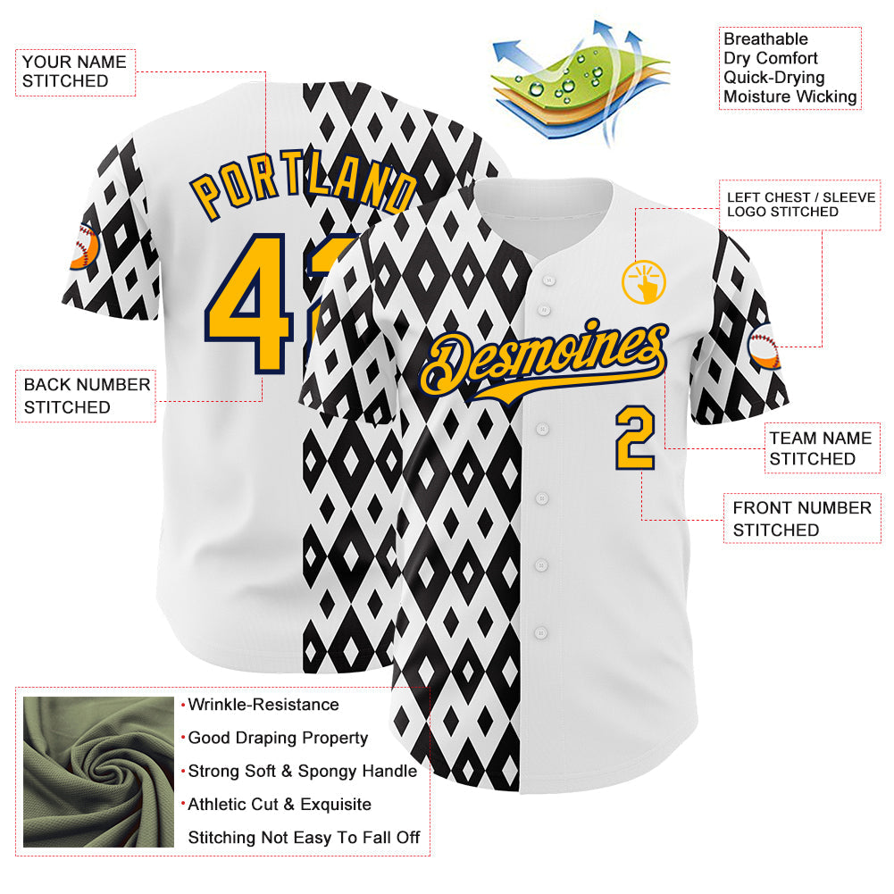Custom White Gold Black-Navy Geometric Diamond Grid Rhombus Authentic Baseball Jersey view 3