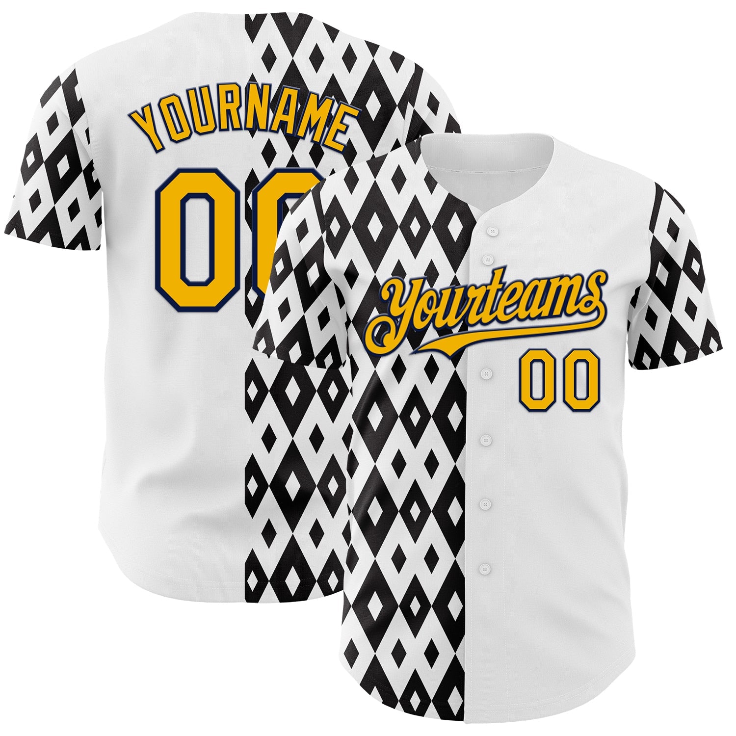 Custom White Gold Black-Navy Geometric Diamond Grid Rhombus Authentic Baseball Jersey - Main View