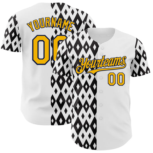 Custom White Gold Black-Navy Geometric Diamond Grid Rhombus Authentic Baseball Jersey - Main View