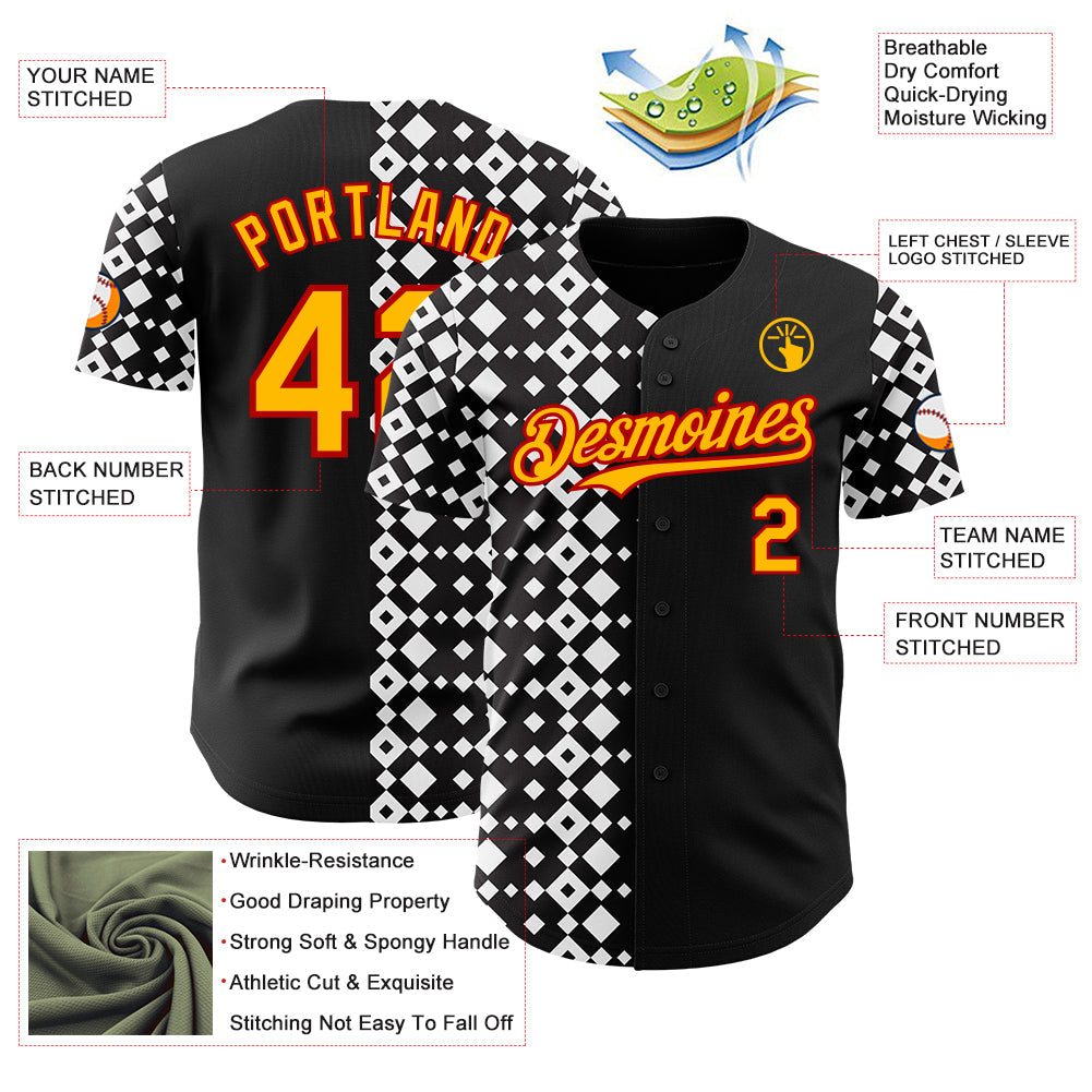 Custom Black Gold White-Red Geometric Diamond Grid Rhombus Authentic Baseball Jersey view 3
