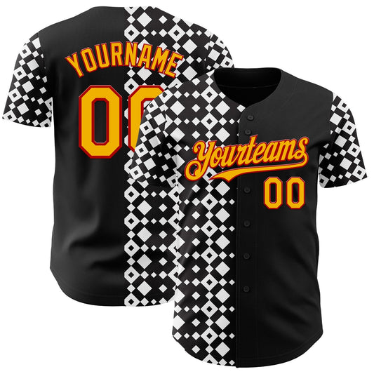 Custom Black Gold White-Red Geometric Diamond Grid Rhombus Authentic Baseball Jersey - Main View