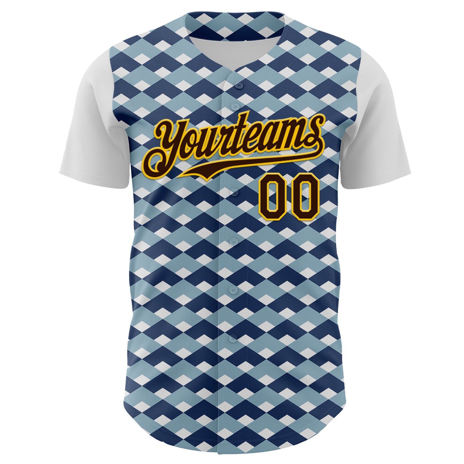 Custom White Brown Blue-Gold Geometric Diamond Grid Rhombus Authentic Baseball Jersey view 2