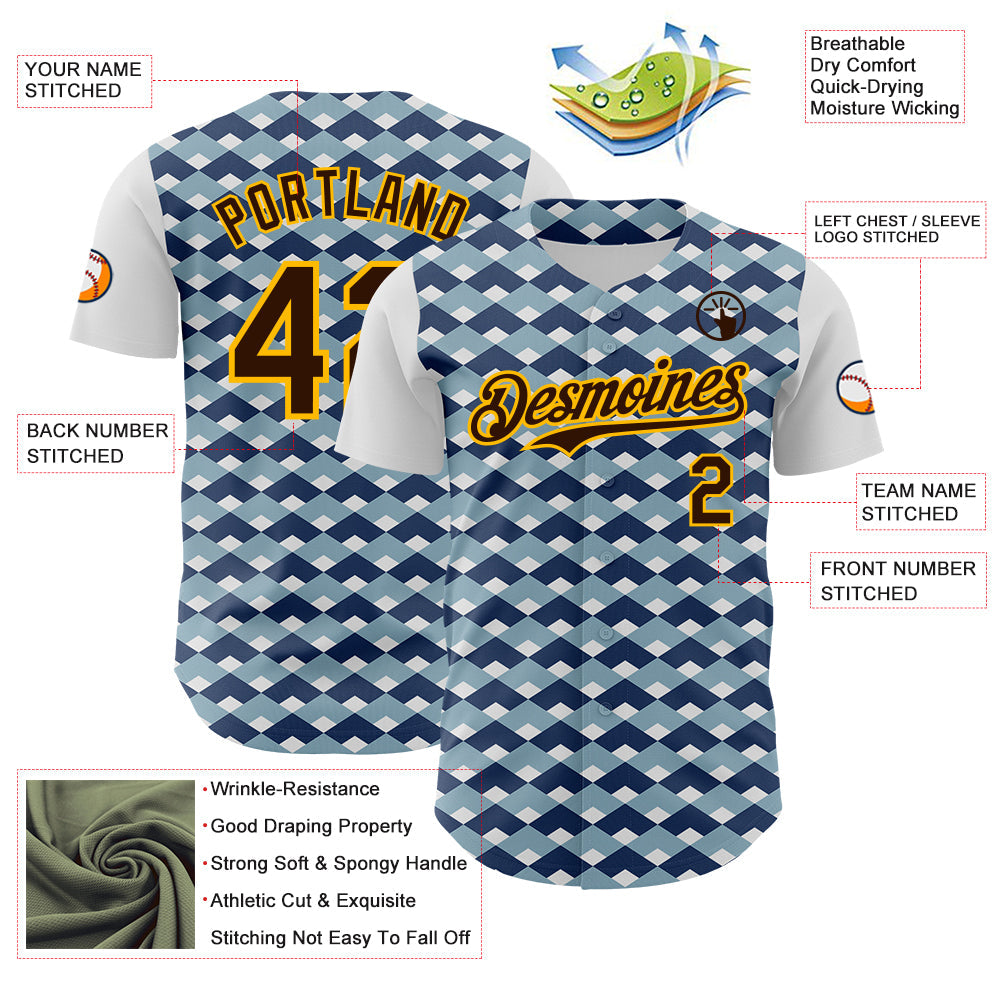 Custom White Brown Blue-Gold Geometric Diamond Grid Rhombus Authentic Baseball Jersey view 3