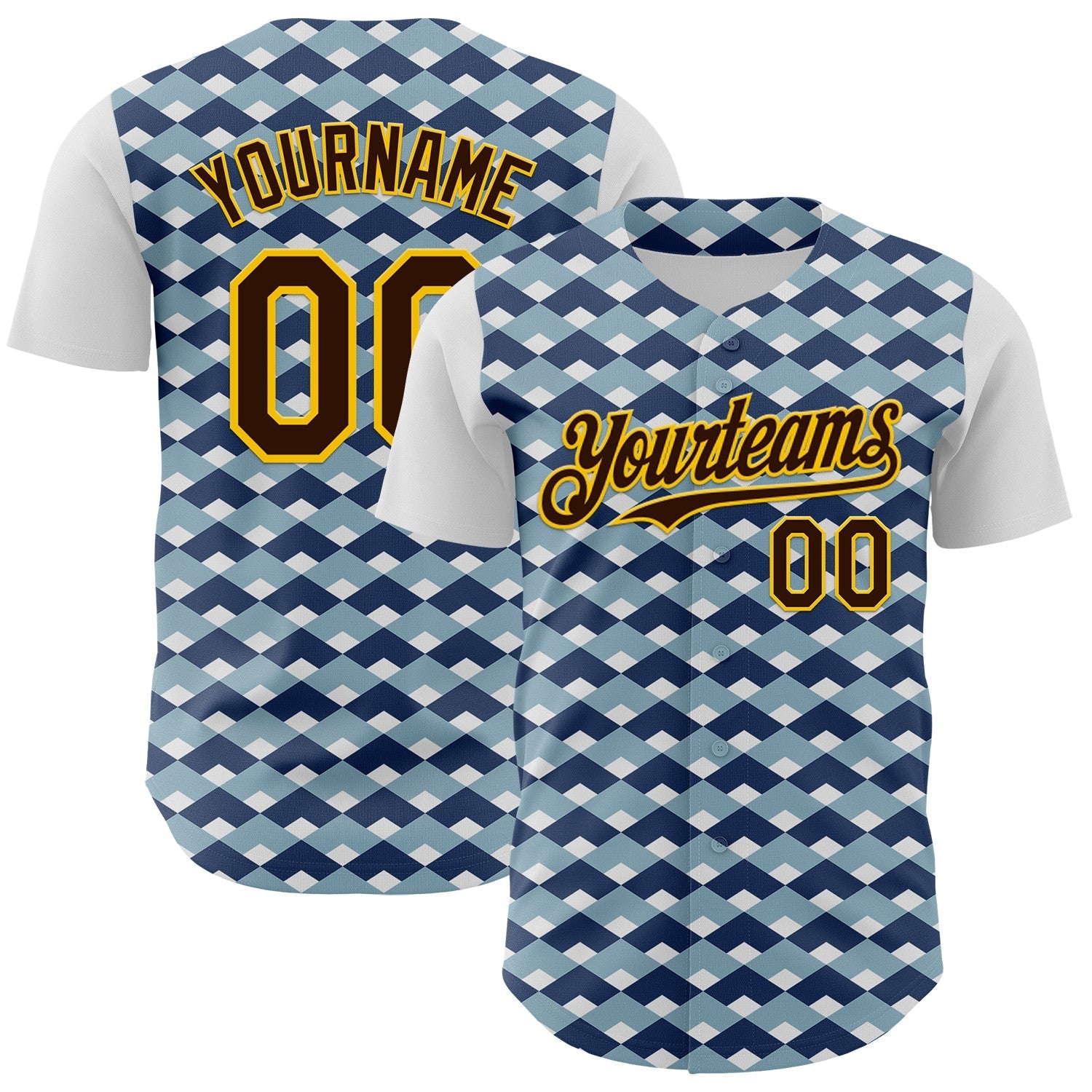 Custom White Brown Blue-Gold Geometric Diamond Grid Rhombus Authentic Baseball Jersey - Main View